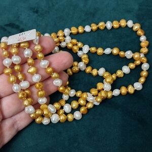 Elegant Gold and White Baroque Style Long Pearl Necklace